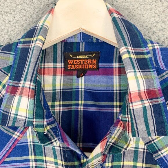 Western Fashions Shirt Mens Medium Blue Green Plaid Cowboy Pearl Snap Farm Ranch - Picture 3 of 12